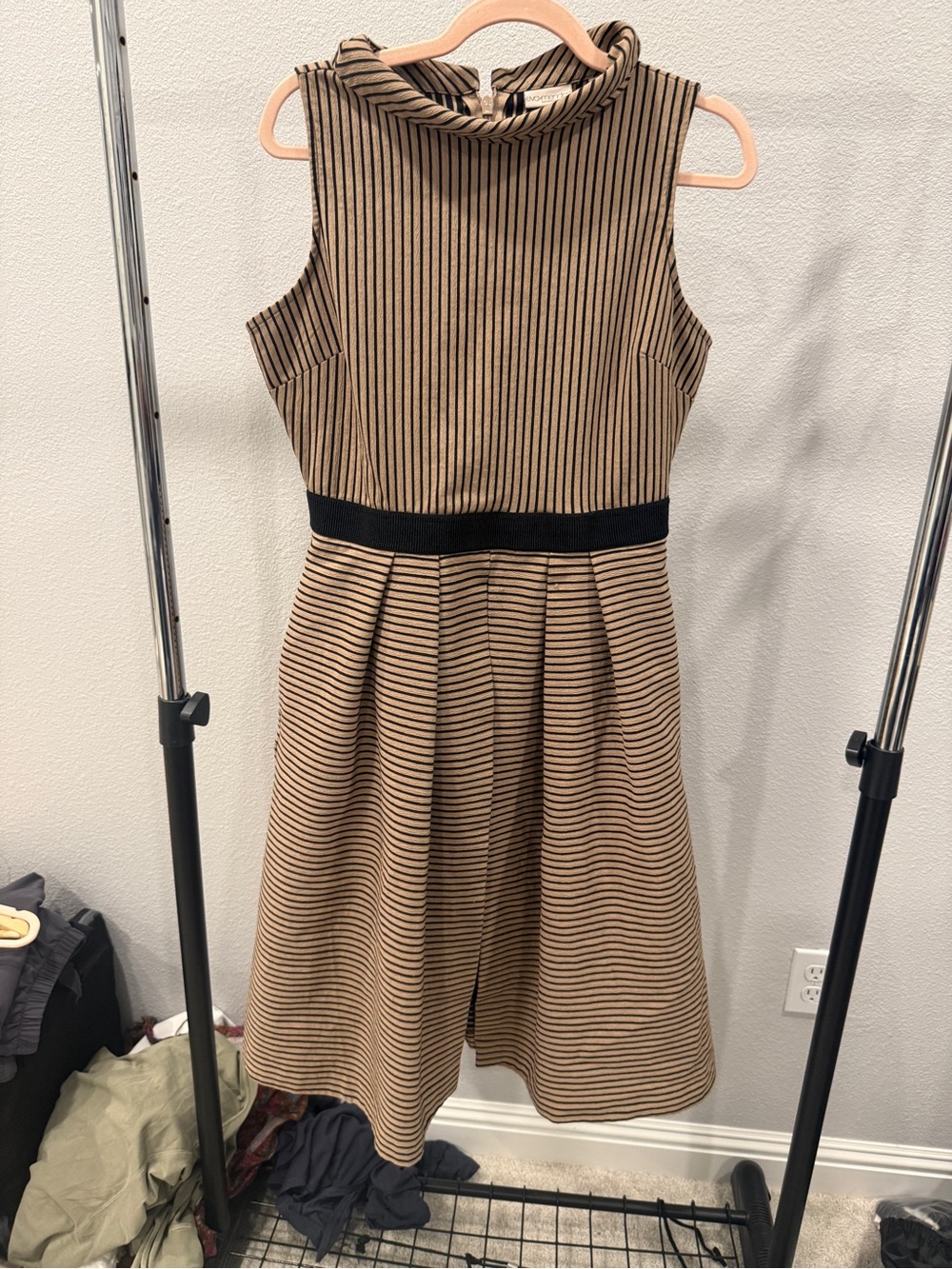 Eva Mendes NY&Co Freya Sleeveless Black & Tan Striped Fit-and-Flare Dress Medium - Picture 3 of 9